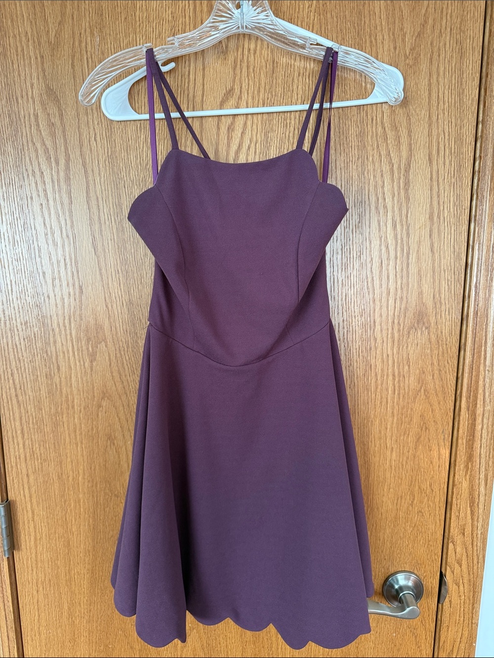 Francesca's Collections Plum Double-Spaghetti Scallop-Hem Mini Dress